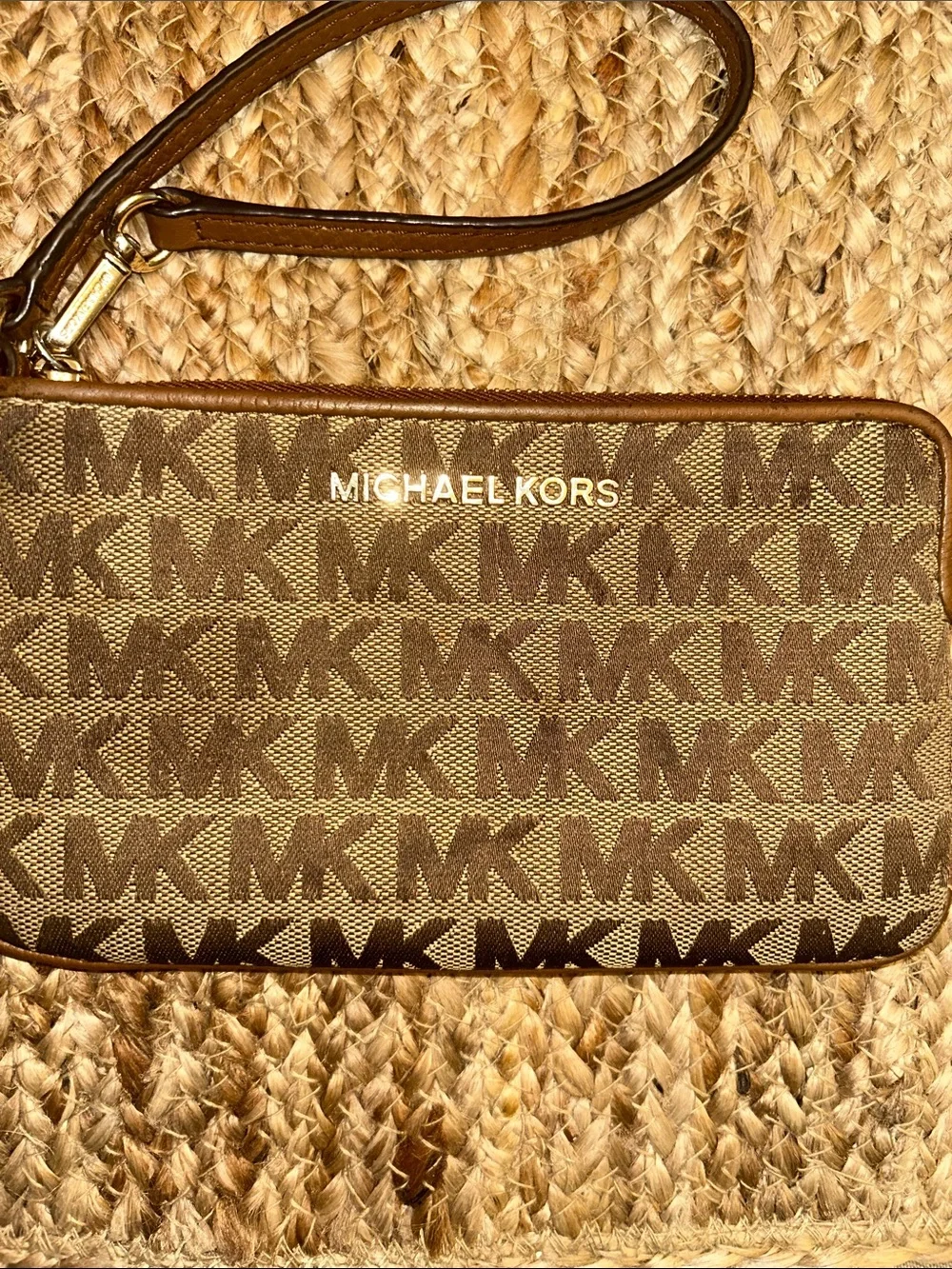 Michael Kors Brown Monogram Wristlet with Gold Logo